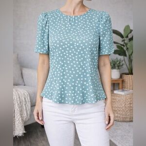 Dynamite Polka Dot Puff Sleeve Blouse | Back Cutout | Size S | Teal Sage Green